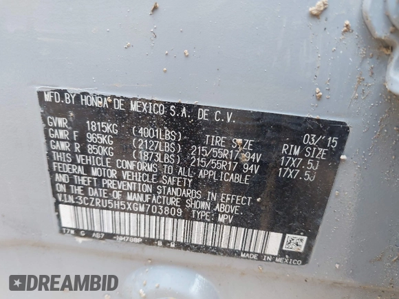 2016 Honda HR-V EX with VIN 3CZRU5H5XGM703809, listed as a IAAI auction lot 41937403 with Not Provided miles and . Bid and sale history available at DreamBid. Image 9.