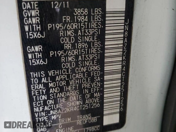 2012 Nissan Cube 1.8 S with VIN JN8AZ2KR4CT251256, listed as a Copart auction lot 53801785 with Not Provided miles and Salvage Title. Bid and sale history available at carsss.com. Image 13.