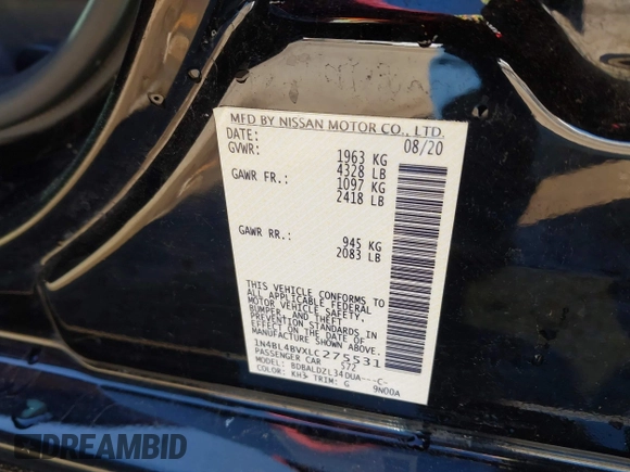 2020 Nissan Altima S z VIN 1N4BL4BVXLC275531, wystawiony jako IAAI lot #41711048 z przebiegiem 119 597 mil mil oraz . Historia ofert i sprzedaży dostępna na DreamBid. Obrazek 9.