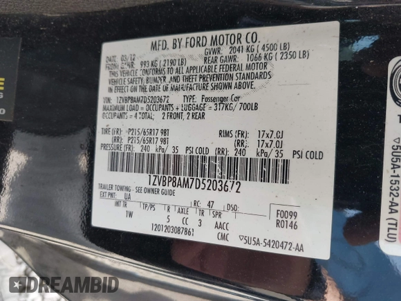 2013 Ford Mustang V6 with VIN 1ZVBP8AM7D5203672, listed as a IAAI auction lot 42104121 with 215,815 mi miles. Bid and sale history available at carsss.com. Image 9.