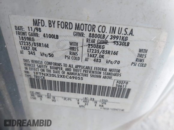 1999 Ford F-250 XL с VIN 1FTNX20L2XEC69055, выставлен на аукционе IAAI как лот 42013501 с пробегом 261 851 миль миль и . История ставок и продаж доступна на DreamBid. Изображение 9.