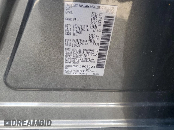 2020 Nissan Pathfinder SV с VIN 5N1DR2BM5LC606721, выставлен на аукционе Copart как лот 85169134 с пробегом 164 515 миль миль и Чистый • Clean title. История ставок и продаж доступна на DreamBid. Изображение 13.