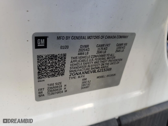 2020 Chevrolet Equinox Premier with VIN 2GNAXNEV8L6215369, listed as a Copart auction lot 43782555 with 28,319 mi miles and Salvage Title. Bid and sale history available at carsss.com. Image 15.