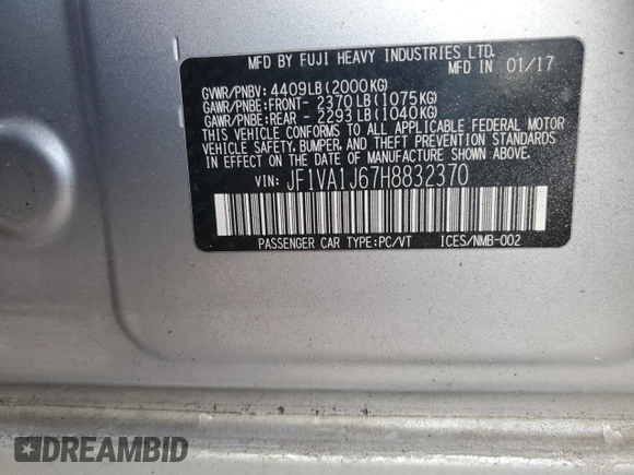 2017 Subaru WRX Limited with VIN JF1VA1J67H8832370, listed as a Copart auction lot 87927935 with 113,823 mi miles and Salvage title. Bid and sale history available at DreamBid. Image 12.