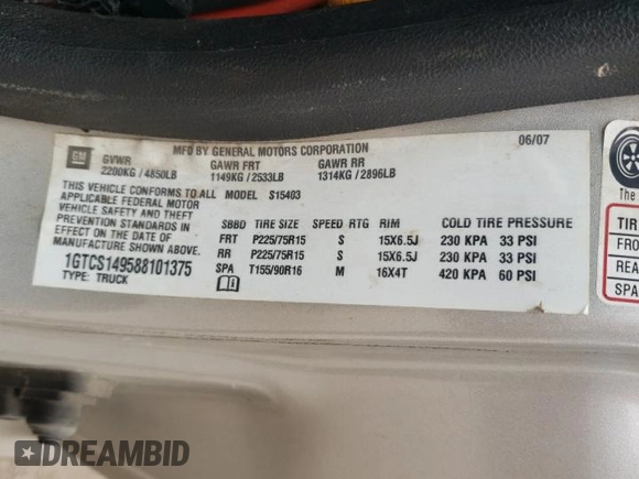2008 GMC Canyon SLE1 with VIN 1GTCS149588101375, listed as a Copart auction lot 52304005 with 0 mi miles and Salvage Title. Bid and sale history available at carsss.com. Image 13.