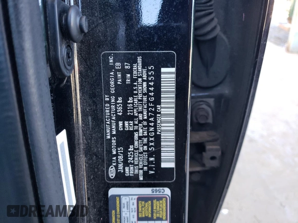 2015 Kia Optima EX with VIN 5XXGN4A72FG444555, listed as a Copart auction lot 88497455 with 176,229 mi miles and Salvage Title. Bid and sale history available at carsss.com. Image 12.