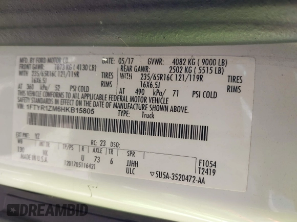 2017 Ford Transit with VIN 1FTYR1ZM6HKB15805, listed as a IAAI auction lot 38311513 with Not Provided miles and . Bid and sale history available at DreamBid. Image 9.