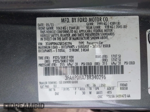 2011 Ford Fusion SE with VIN 3FAHP0HA7BR340296, listed as a IAAI auction lot 41860467 with 137,705 mi miles. Bid and sale history available at carsss.com. Image 9.