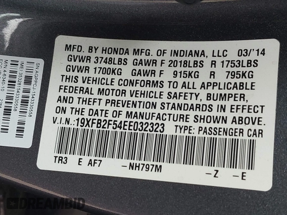 2014 Honda Civic Sedan LX with VIN 19XFB2F54EE032323, listed as a IAAI auction lot 41914357 with 133,223 mi miles. Bid and sale history available at carsss.com. Image 9.