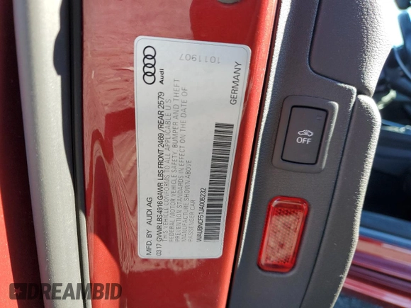 2018 Audi A5 Sportback Premium Plus with VIN WAUBNCF51JA005232, listed as a Copart auction lot 37295694 with 96,134 mi miles. Bid and sale history available at carsss.com. Image 12.