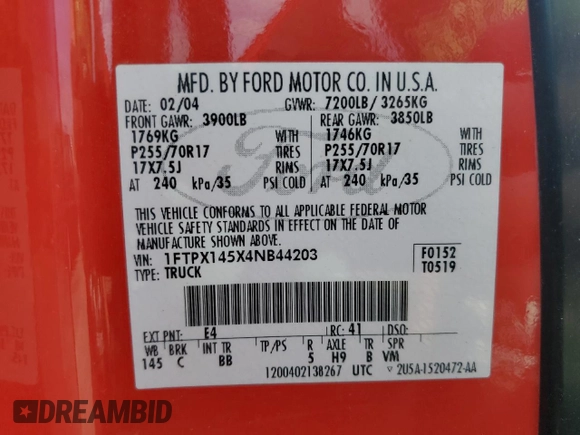 2004 Ford F-150 XLT with VIN 1FTPX145X4NB44203, listed as a Copart auction lot 63365474 with Not provided miles and Clean title. Bid and sale history available at DreamBid. Image 12.