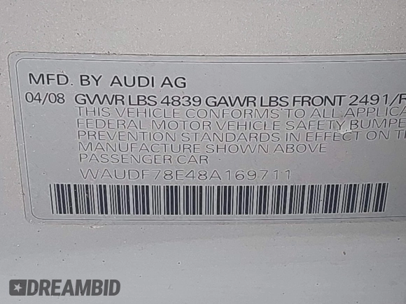 2008 Audi A4 2.0T with VIN WAUDF78E48A169711, listed as a IAAI auction lot 42308726 with 132,916 mi miles and . Bid and sale history available at DreamBid. Image 9.