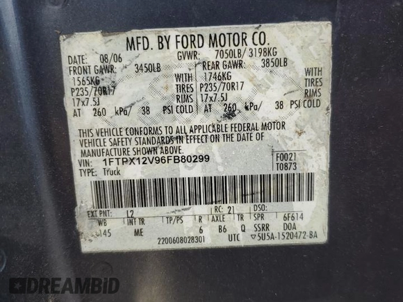 2006 Ford F-150 XL with VIN 1FTPX12V96FB80299, listed as a Copart auction lot 85090734 with 0 mi miles and Salvage Title. Bid and sale history available at carsss.com. Image 12.