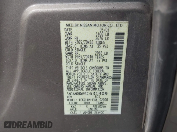 2005 Nissan Xterra SE с VIN 5N1AN08W95C631409, выставлен на аукционе IAAI как лот 42231144 с пробегом 133 187 миль миль и . История ставок и продаж доступна на DreamBid. Изображение 9.