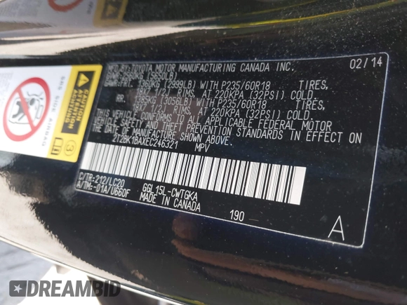 2014 Lexus RX 350 with VIN 2T2BK1BAXEC246321, listed as a IAAI auction lot 42050218 with 60,395 mi miles and . Bid and sale history available at DreamBid. Image 9.