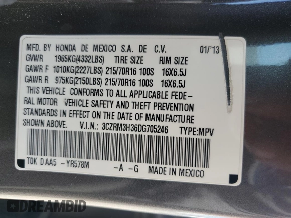 2013 Honda CR-V LX with VIN 3CZRM3H36DG705246, listed as a Copart auction lot 53109005 with 226,390 mi miles and Salvage Title. Bid and sale history available at carsss.com. Image 15.