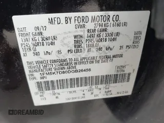 2013 Ford Explorer XLT with VIN 1FM5K7D80DGB26456, listed as a IAAI auction lot 42481903 with 208,306 mi miles and . Bid and sale history available at DreamBid. Image 9.
