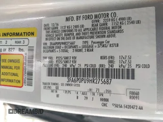 2017 Ford Fusion SE with VIN 3FA6P0PU9HR275687, listed as a IAAI auction lot 41839059 with 119,829 mi miles and . Bid and sale history available at carsss.com. Image 9.