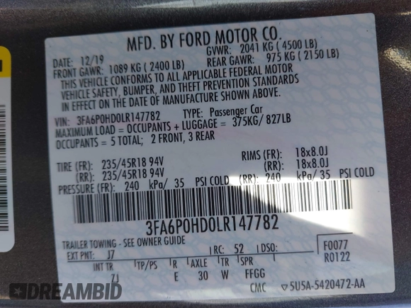 2020 Ford Fusion SE with VIN 3FA6P0HD0LR147782, listed as a IAAI auction lot 41801234 with 46,471 mi miles. Bid and sale history available at carsss.com. Image 9.