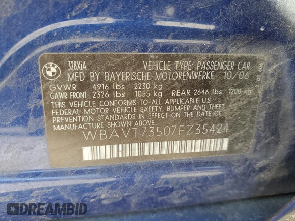2007 BMW 3 Series 328xi with VIN WBAVT73507FZ35424, listed as a Copart auction lot 49740365 with 151,039 mi miles and Clean title. Bid and sale history available at DreamBid. Image 12.