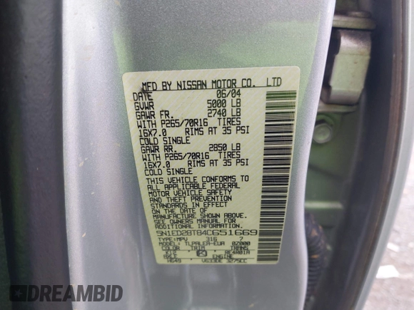 2004 Nissan Xterra XE with VIN 5N1ED28T84C651669, listed as a IAAI auction lot 42417859 with 196,642 mi miles and . Bid and sale history available at DreamBid. Image 9.