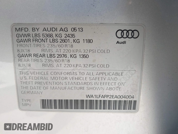 2014 Audi Q5 Premium Plus with VIN WA1LFAFP2EA004004, listed as a IAAI auction lot 42674248 with 185,559 mi miles and . Bid and sale history available at DreamBid. Image 9.