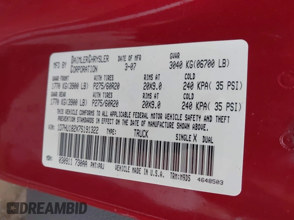 2007 Dodge 1500 SLT with VIN 1D7HU182X7S191322, listed as a IAAI auction lot 41715180 with Not Provided miles. Bid and sale history available at carsss.com. Image 9.