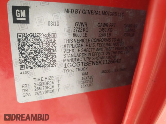 2019 Chevrolet Colorado 4WD Work Truck с VIN 1GCGTBEN8K1126643, выставлен на аукционе IAAI как лот 42299128 с пробегом 71 192 миль миль и . История ставок и продаж доступна на DreamBid. Изображение 9.