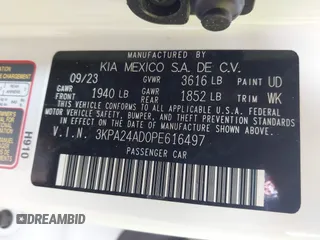 2023 Kia Rio S with VIN 3KPA24AD0PE616497, listed as a IAAI auction lot 41883848 with 8,717 mi miles. Bid and sale history available at carsss.com. Image 9.