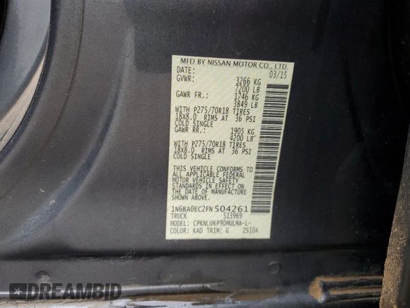 2015 Nissan Titan Pro-4X with VIN 1N6BA0EC2FN504261, listed as a Copart auction lot 50926675 with Not provided miles and Clean title. Bid and sale history available at DreamBid. Image 12.