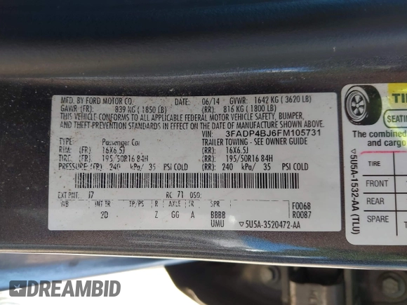 2015 Ford Fiesta SE with VIN 3FADP4BJ6FM105731, listed as a IAAI auction lot 41994903 with 150,189 mi miles. Bid and sale history available at carsss.com. Image 9.