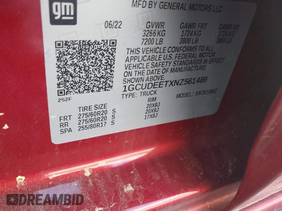 2022 Chevrolet Silverado 1500 RST with VIN 1GCUDEETXNZ561489, listed as a IAAI auction lot 41959032 with 80,614 mi miles and . Bid and sale history available at DreamBid. Image 9.