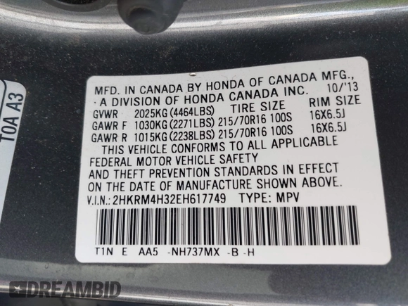 2014 Honda CR-V LX with VIN 2HKRM4H32EH617749, listed as a IAAI auction lot 41837927 with 113,547 mi miles. Bid and sale history available at carsss.com. Image 9.