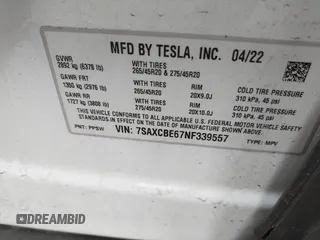 2022 Tesla Model X Plaid z VIN 7SAXCBE67NF339557, wystawiony jako IAAI lot #41825360 z przebiegiem 70 mil mil oraz . Historia ofert i sprzedaży dostępna na DreamBid. Obrazek 9.