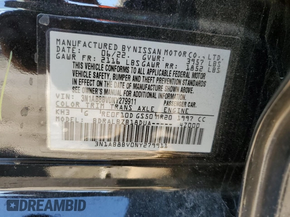 2022 Nissan Sentra S with VIN 3N1AB8BV0NY279911, listed as a Copart auction lot 48057005 with 40,880 mi miles and Salvage Title. Bid and sale history available at carsss.com. Image 12.