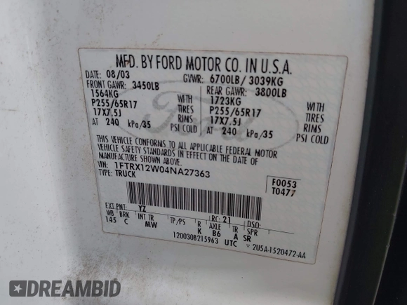 2004 Ford F-150 STX z VIN 1FTRX12W04NA27363, wystawiony jako IAAI lot #41944799 z przebiegiem Nie podano mil oraz . Historia ofert i sprzedaży dostępna na DreamBid. Obrazek 9.
