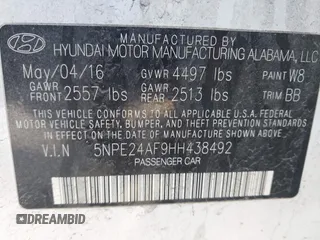 2017 Hyundai Sonata SE with VIN 5NPE24AF9HH438492, listed as a IAAI auction lot 41983658 with 213,159 mi miles and . Bid and sale history available at DreamBid. Image 9.