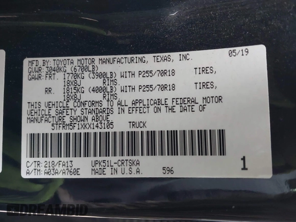 2019 Toyota Tundra SR with VIN 5TFRM5F1XKX143105, listed as a IAAI auction lot 41274567 with 180,602 mi miles and . Bid and sale history available at DreamBid. Image 9.