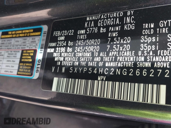 2022 Kia Telluride SX with VIN 5XYP54HC2NG266272, listed as a IAAI auction lot 42499725 with 46,577 mi miles and . Bid and sale history available at DreamBid. Image 9.