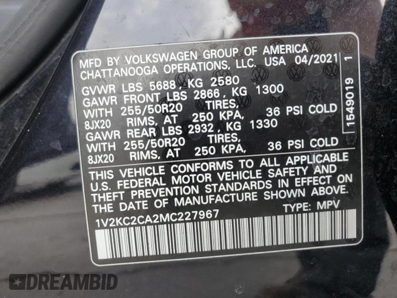 2021 Volkswagen Atlas SE with VIN 1V2KC2CA2MC227967, listed as a Copart auction lot 48423525 with 53,126 mi miles and Salvage title. Bid and sale history available at DreamBid. Image 14.