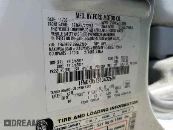 2006 Ford Freestyle SEL with VIN 1FMDK05126GA32604, listed as a Copart auction lot 63868405 with 220,530 mi miles and Salvage title. Bid and sale history available at DreamBid. Image 13.