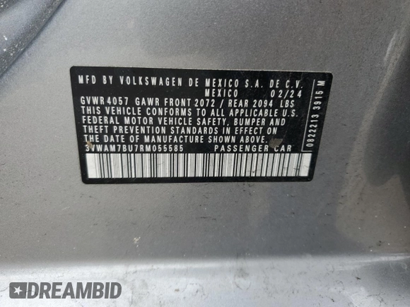 2024 Volkswagen Jetta Sport z VIN 3VWAM7BU7RM055585, wystawiony jako Copart lot #42109675 z przebiegiem 17 485 mil mil oraz Szkoda całkowita • Salvage title. Historia ofert i sprzedaży dostępna na DreamBid. Obrazek 12.