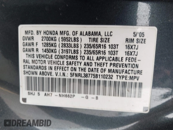 2005 Honda Odyssey EX-L with VIN 5FNRL38775B110232, listed as a IAAI auction lot 42301513 with 277,389 mi miles and . Bid and sale history available at DreamBid. Image 9.