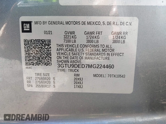 2021 GMC Sierra 1500 SLT z VIN 3GTU9DED7MG224460, wystawiony jako IAAI lot #41848912 z przebiegiem 65 319 mil mil oraz . Historia ofert i sprzedaży dostępna na DreamBid. Obrazek 9.