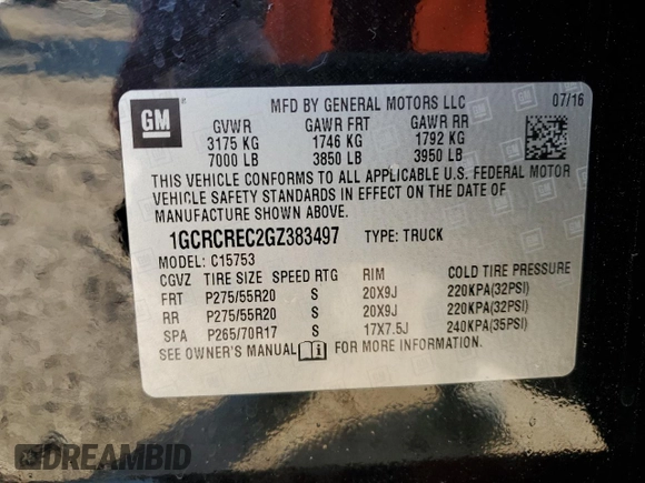 2016 Chevrolet Silverado 1500 LT with VIN 1GCRCREC2GZ383497, listed as a Copart auction lot 85951314 with 151,697 mi miles and Salvage Title. Bid and sale history available at DreamBid. Image 16.
