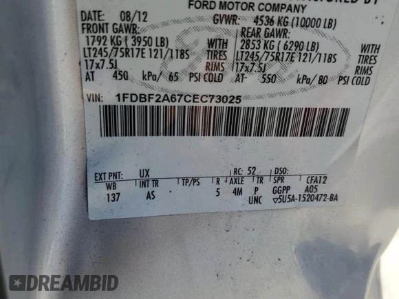 2012 Ford F-250 XL with VIN 1FDBF2A67CEC73025, listed as a Copart auction lot 75308984 with 107,018 mi miles and Salvage title. Bid and sale history available at DreamBid. Image 13.