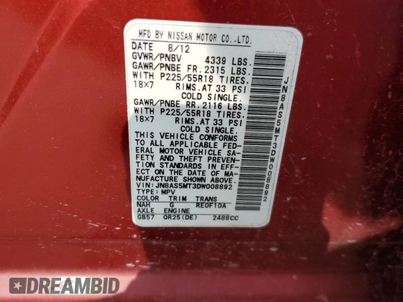 2013 Nissan Rogue S with VIN JN8AS5MT3DW008892, listed as a Copart auction lot 51486825 with 128,819 mi miles and Salvage Title. Bid and sale history available at carsss.com. Image 13.