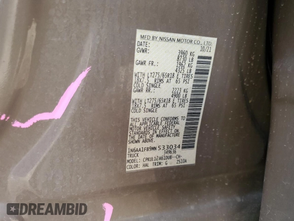 2021 Nissan Titan SV z VIN 1N6AA1FB9MN533034, wystawiony jako Copart lot #81335494 z przebiegiem 71 281 mil mil oraz Szkoda całkowita • Salvage title. Historia ofert i sprzedaży dostępna na DreamBid. Obrazek 14.