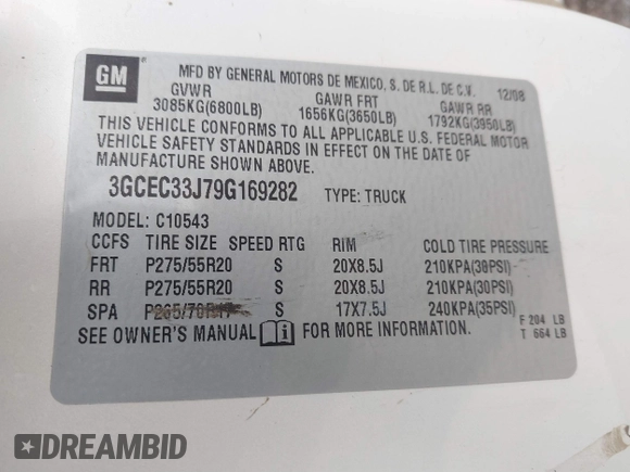 2009 Chevrolet Silverado 1500 with VIN 3GCEC33J79G169282, listed as a IAAI auction lot 41387505 with 243,182 mi miles and . Bid and sale history available at DreamBid. Image 9.