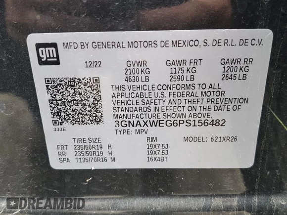 2023 Chevrolet Equinox RS z VIN 3GNAXWEG6PS156482, wystawiony jako Copart lot #59877795 z przebiegiem 64 924 mil mil oraz Szkoda całkowita • Salvage title. Historia ofert i sprzedaży dostępna na DreamBid. Obrazek 13.